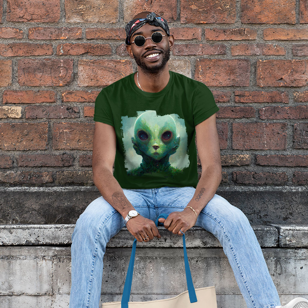 Humanoid Alien Art Heavy Cotton T-Shirt - Creepy Tee Shirt - Printed T-Shirt Clothing Clothing New Arrivals T-Shirts Color : Black|Forest Green|White 