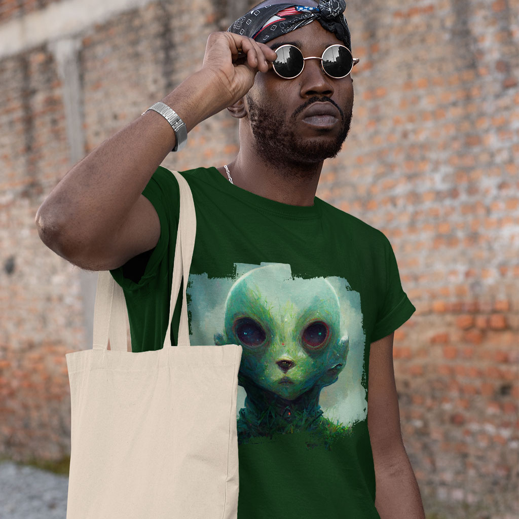 Humanoid Alien Art Heavy Cotton T-Shirt - Creepy Tee Shirt - Printed T-Shirt Clothing Clothing New Arrivals T-Shirts Color : Black|Forest Green|White 