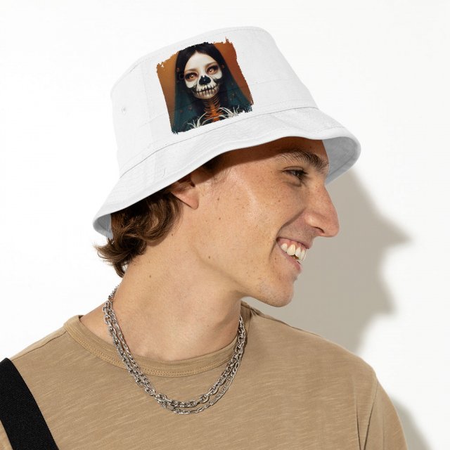 Creepy Girl Bucket Hat – Gothic Print Hat – Skeleton Bucket Hat