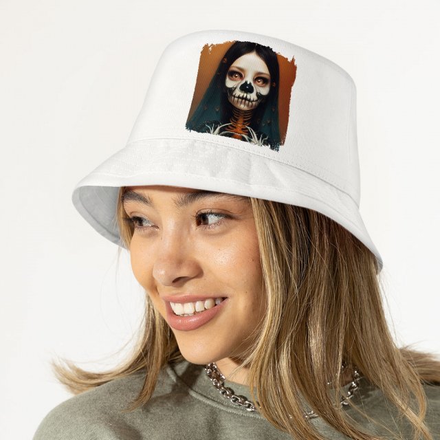 Creepy Girl Bucket Hat – Gothic Print Hat – Skeleton Bucket Hat