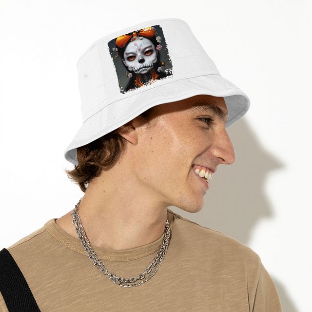 Skull Print Bucket Hat – Novelty Skeleton Hat – Creepy Girl Bucket Hat