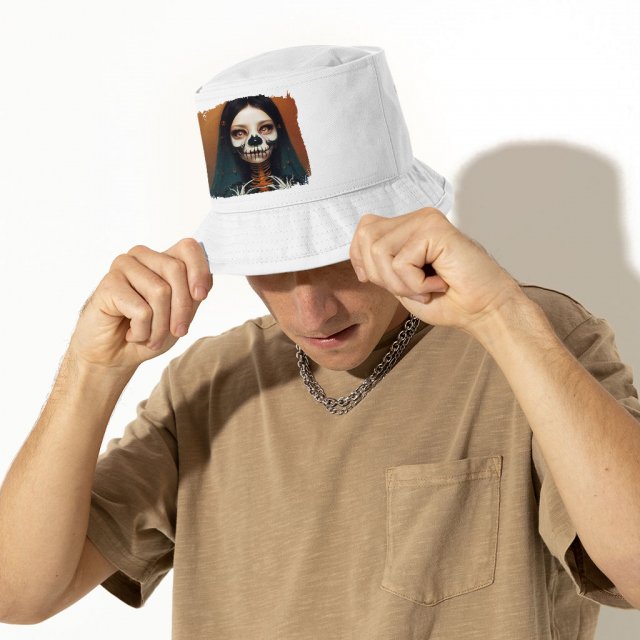 Creepy Girl Bucket Hat – Gothic Print Hat – Skeleton Bucket Hat