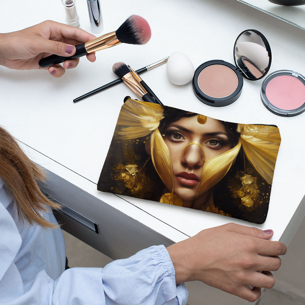Mexican Woman Classic Art Makeup Bag - Printed Cosmetic Bag - Gold Makeup Pouch Bags & Wallets Fashion Makeup Pouch  