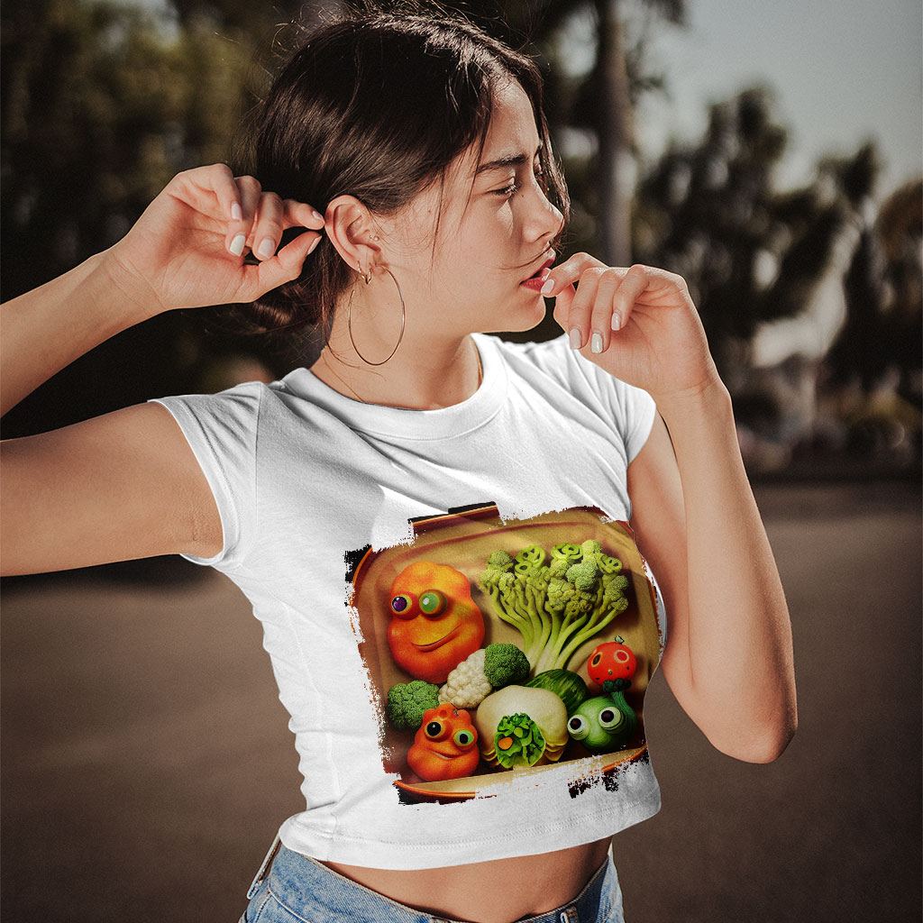 Cartoon Vegetables Drawing Women's Cropped T-Shirt - Unique Crop Top - Funny Crop Tee Shirt Clothing T-Shirts Color : Black|Heather Olive|White 