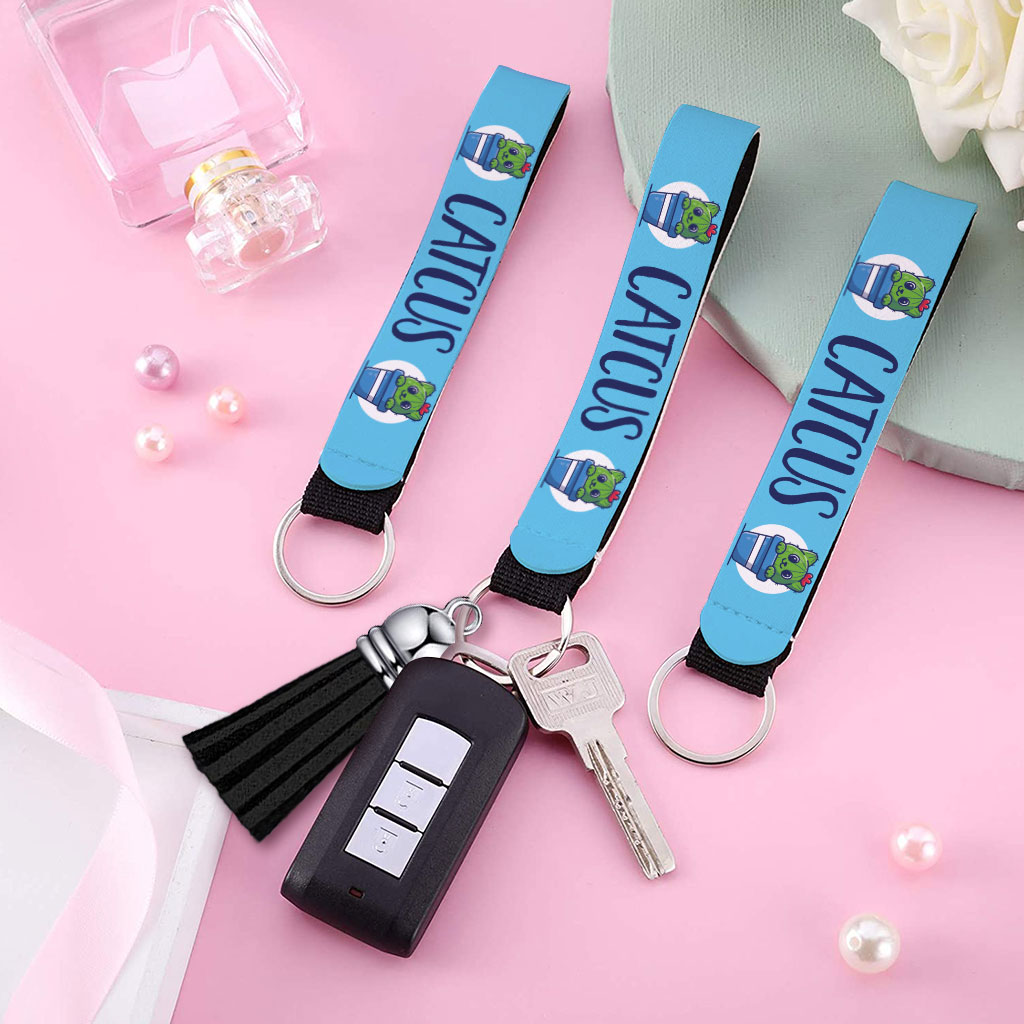 Cat and Cactus Keychain Wristlet - Graphic Keychain Bracelet - Funny Wristlet Strap for Key Fashion Fashion Accessories Keychains  