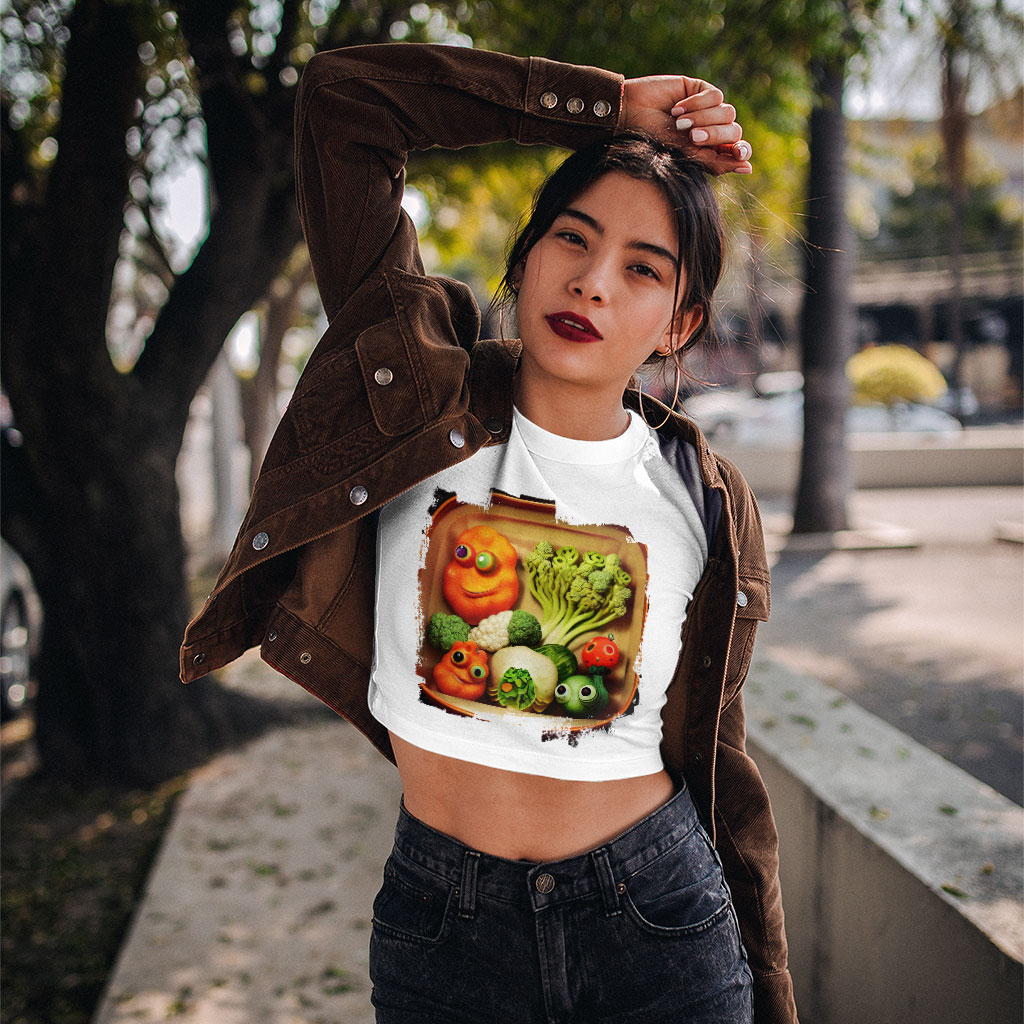 Cartoon Vegetables Drawing Women's Cropped T-Shirt - Unique Crop Top - Funny Crop Tee Shirt Clothing T-Shirts Color : Black|Heather Olive|White 