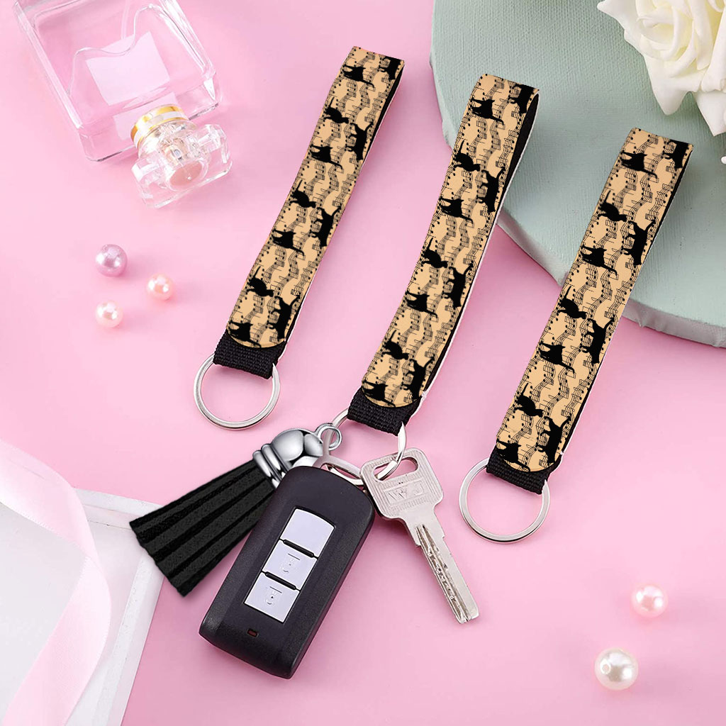 Cat and Music Keychain Wristlet - Animal Print Keychain Bracelet - Themed Wristlet Strap for Key Fashion Fashion Accessories Keychains  