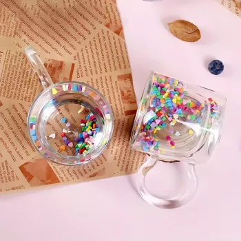 Colorful Heart Quicksand Double Layer Glass Cup