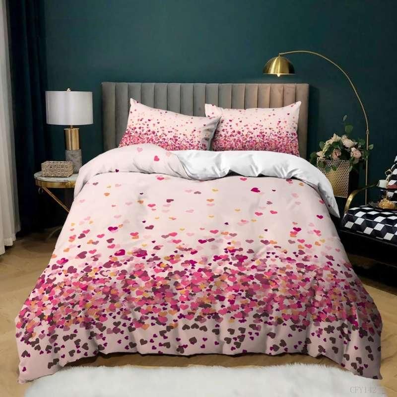 Love Heart Duvet Cover Set King Size Valentines Bedding Set Pink Love Heart Pattern Soft Polyester for Girls Women Quilt Cover