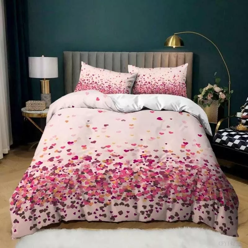 Love Heart Duvet Cover Set King Size Valentines Bedding Set Pink Love Heart Pattern Soft Polyester for Girls Women Quilt Cover