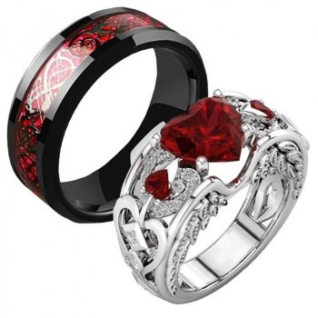 Elegant Red Heart & Rose Pattern Stainless Steel Couple Rings