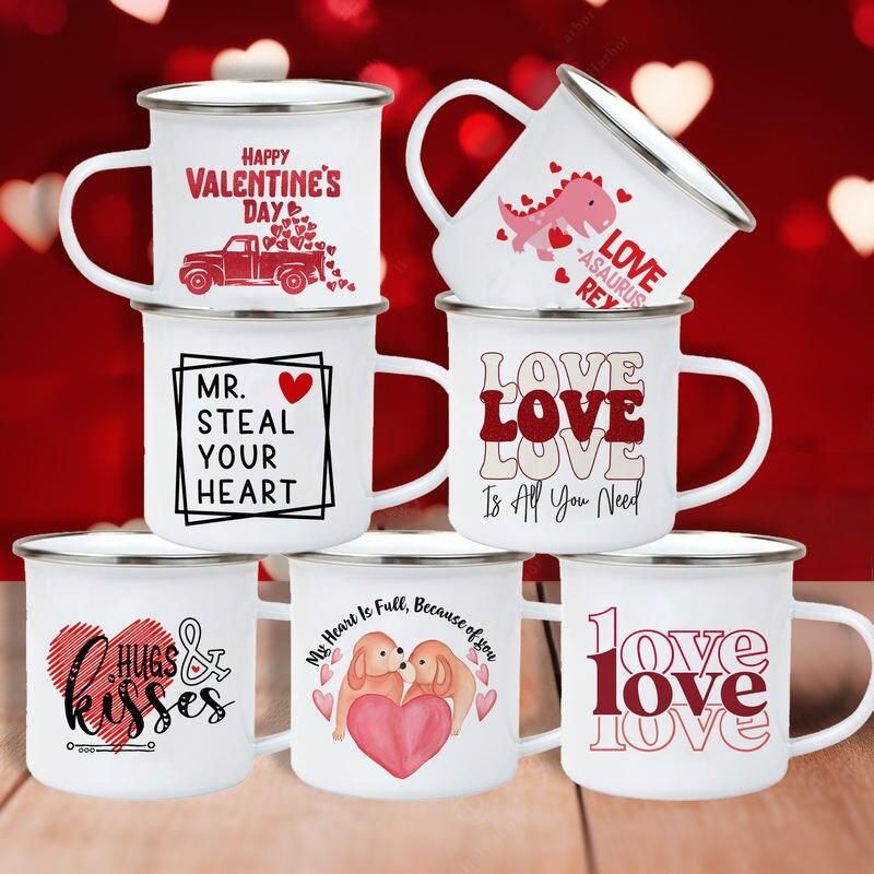 Love Heart Printed Camping Mug Valentine Party Juice Milk Cup Coffee Cups Enamel Mugs Valentine's Day Gifts for Family Friends