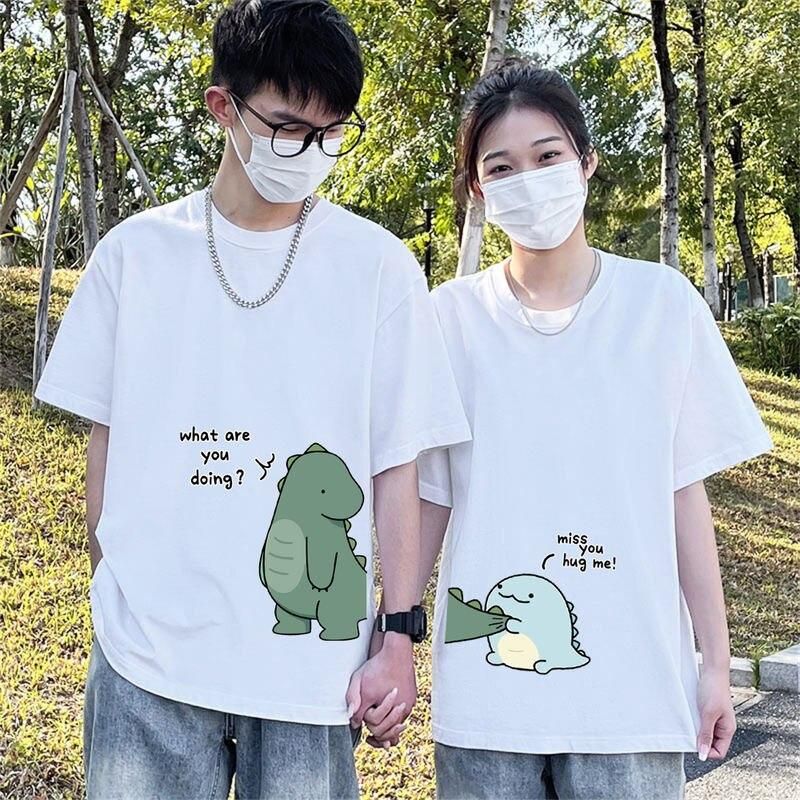 Summer Love Dinosaur Couple T-Shirts - Casual Short Sleeve Matching Tees