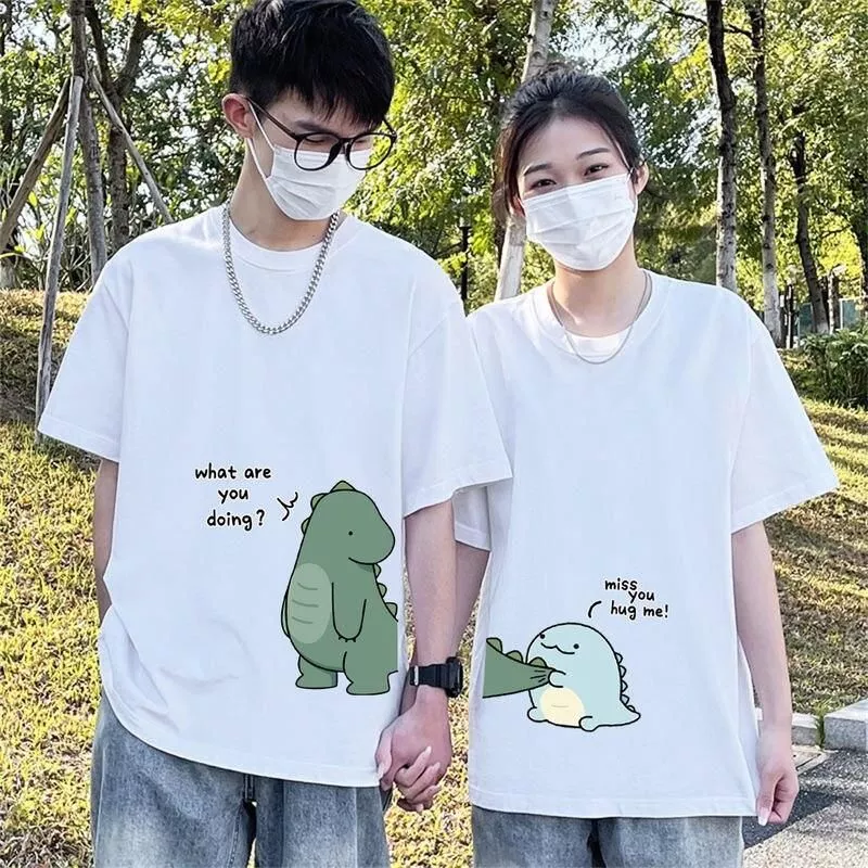 Summer Love Dinosaur Couple T-Shirts - Casual Short Sleeve Matching Tees Summer Love Dinosaur Couple T-Shirts - Casual Short Sleeve Matching Tees