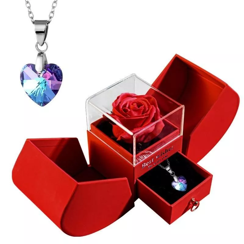 Gift for Women Eternal Rose Gift Box /w Heart Necklace I Love You To The Moon and Back Flower Jewelry Box for Valentine Wedding