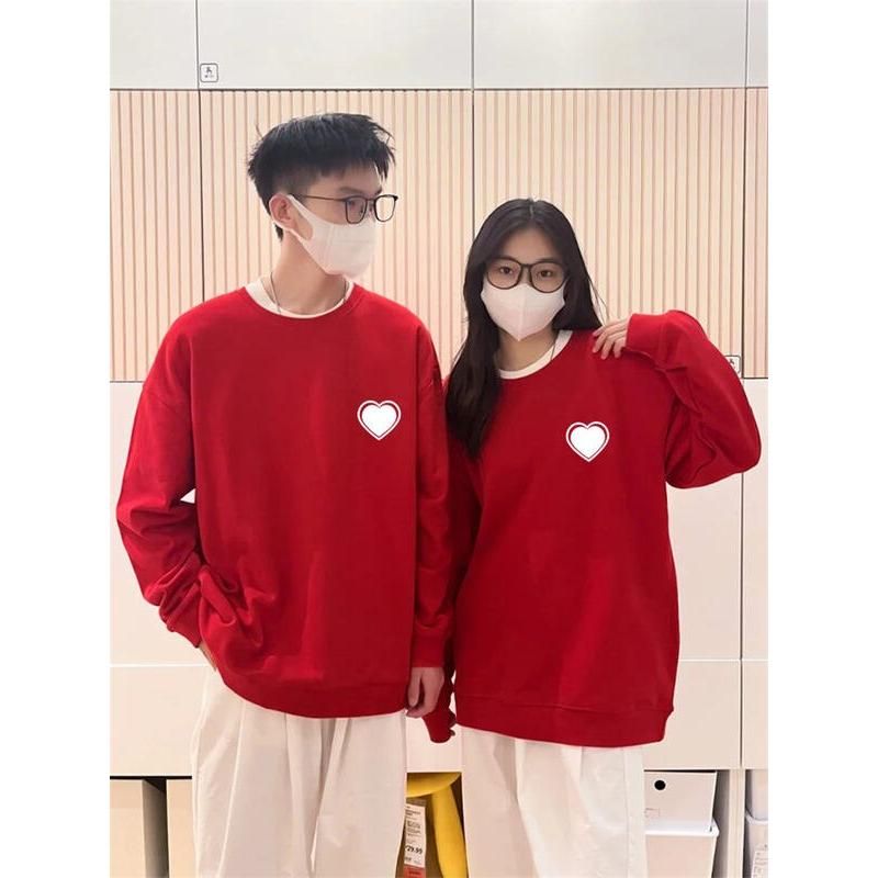 Love Heart Text Printing Men Women Fashion Loose Red Hoodies Sweatshirts 500g Cotton Autumn Winter Pullover For Couple Clothes