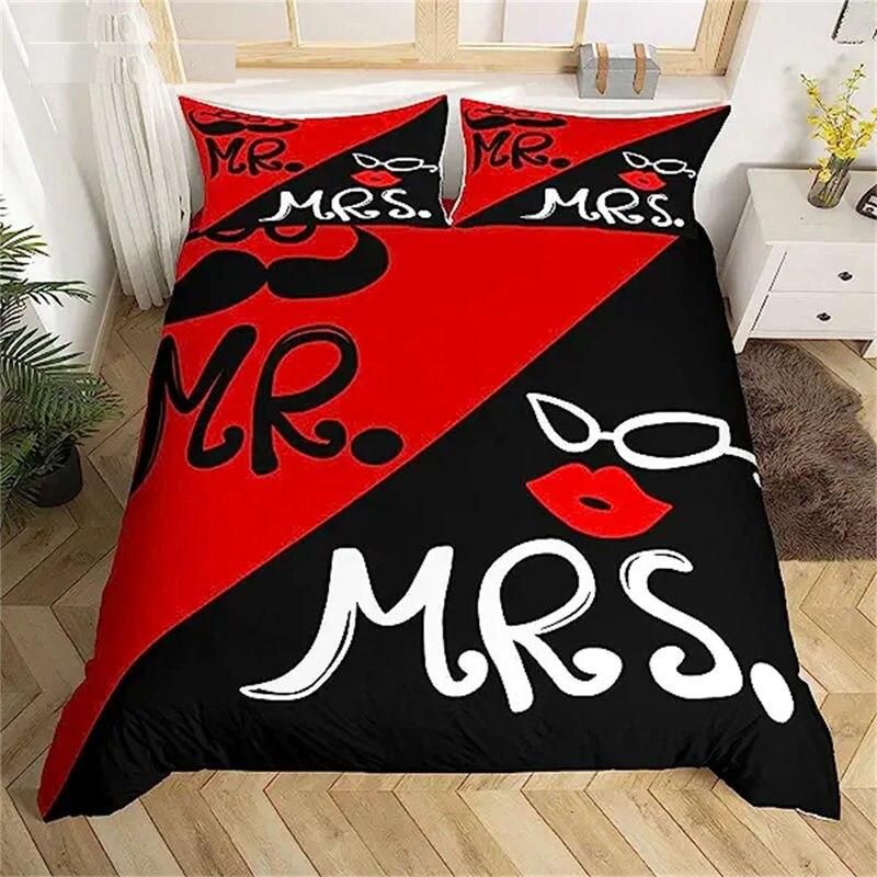 Mr & Mrs Black Red Creative Duvet Cover Love Man Mustache Woman Lip Romance Comforter Cover Funny White Love Couple Valentine