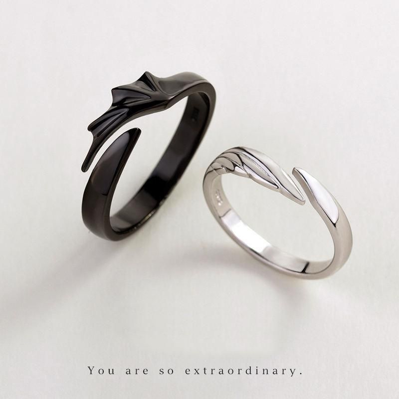 New hot sale couple silver color black color angel devil wings adjustable ring gift J450