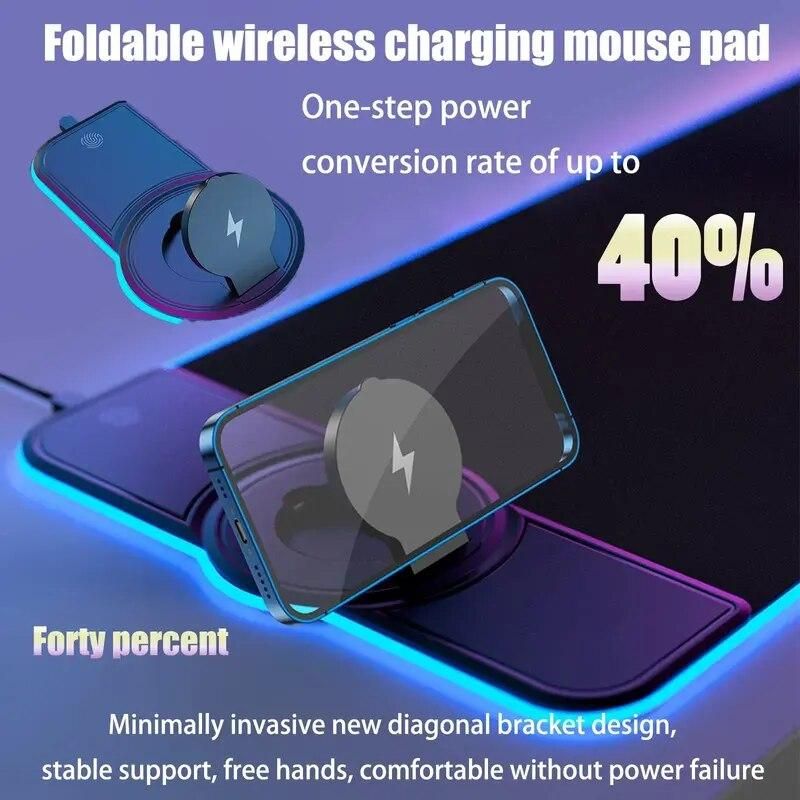 RGB Gaming Mouse Pad 15W Fast Wireless Charging for Home&Office with Foldable Phone Stand Design Soft and Anti-Slip Mouse Mat