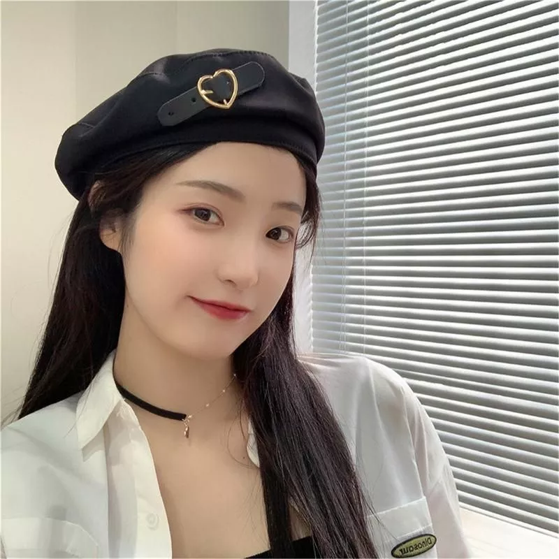 Metal Love Heart Buckle Black Berets Autumn Winter Warm Hip Hop Hats Vintage Elegant Women Girls Decorative Cap New High Quality Metal Love Heart Buckle Black Berets Autumn Winter Warm Hip Hop Hats Vintage Elegant Women Girls Decorative Cap New High Quality