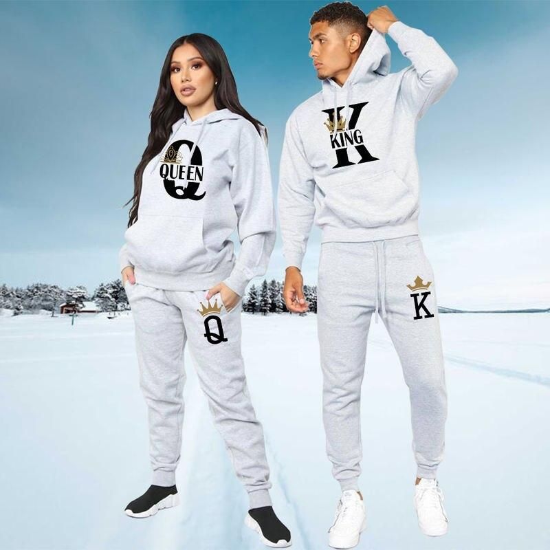 Lovers Couple KING QUEEN Print Hoodie Suits 2 Piece Hoodie and Pants Men Women Hoodie Set Tops Classic Fashion Sportwear Outfit