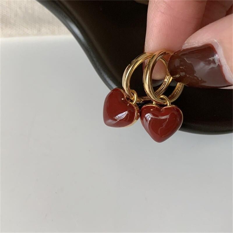 Simple Design Wine Red Love Heart Dangle Earrings For Women Gold Color Circle Vintage Peach Drop Earring Can Be Separated N513