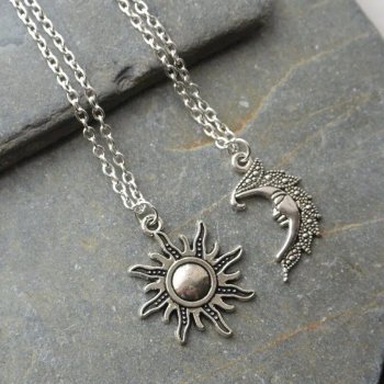 Silver Sun and Moon Couple's Necklaces