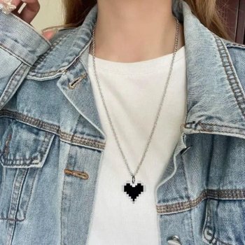 Black & Silver Hollow Heart Pendant Necklace for Couples