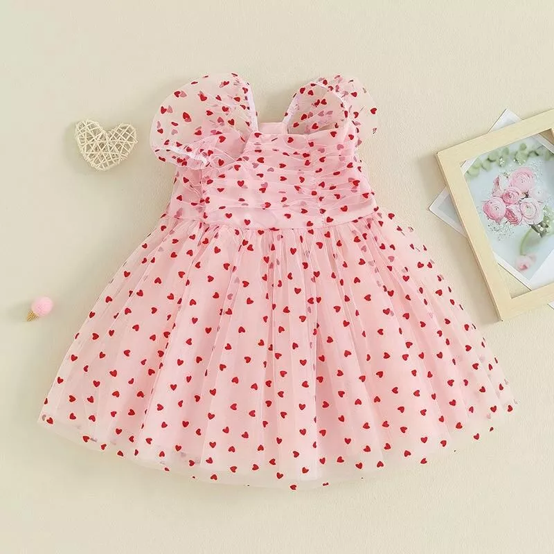 2023-10-20 Lioraitiin 6M-4Y Cute Baby Girl Valentine’s Day Dress Heart Print Short Puff Sleeve Tulle Dress Cute Princess Dress