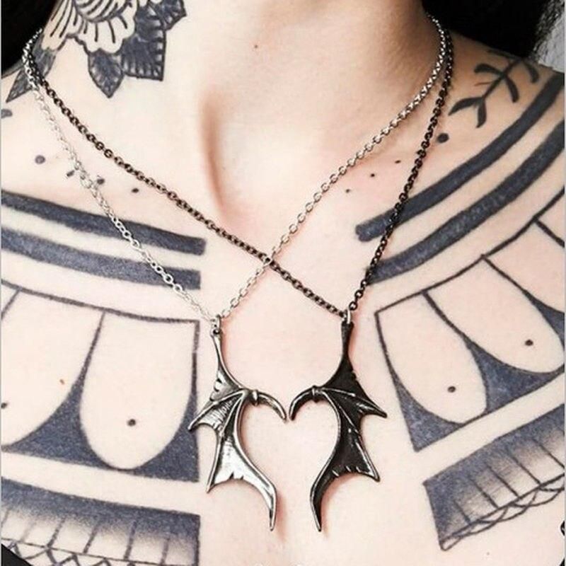 Vintage Gothic Accessories for Women Couples Matching Necklace White Black Dragon Wing Heart Pendant Hip-hop Punk Party Jewelry