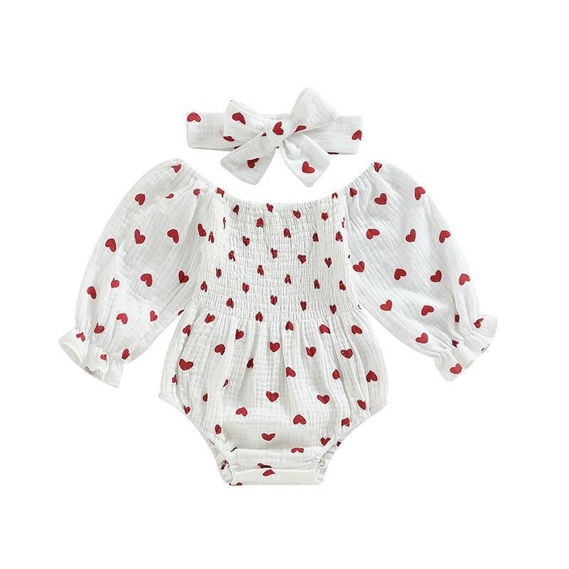 Newborn Baby Girls Romper Heart Print Long Sleeve Jumpsuits Infant Spring Autumn Clothes Jumpsuit with Headband