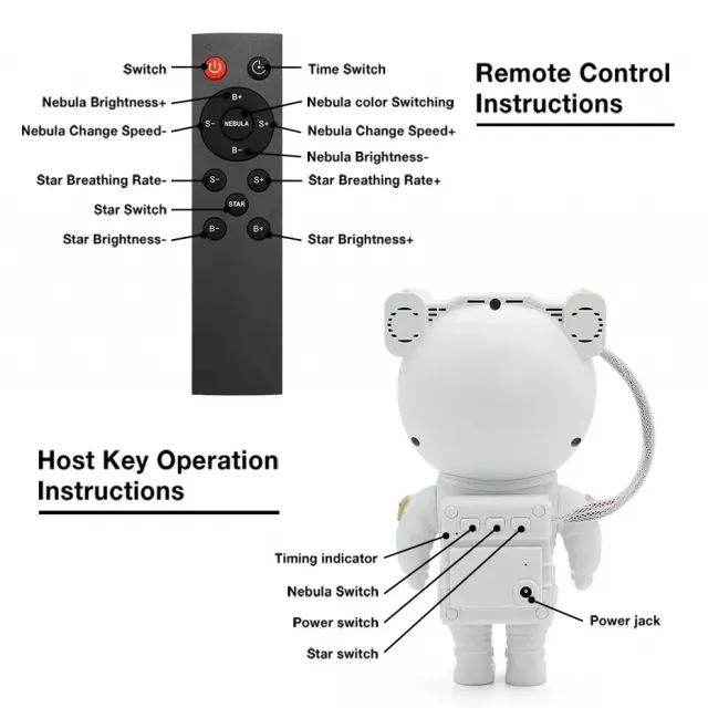 Astronaut projector with remote control and buttons.