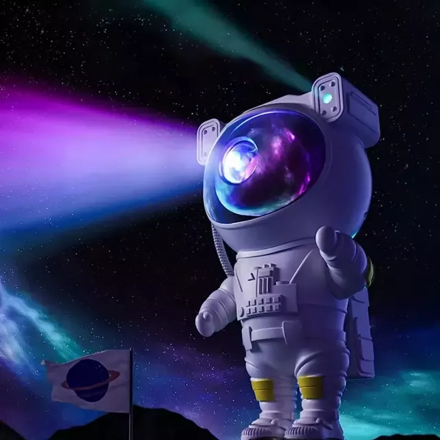 A white astronaut in space with a galaxy in its helmet.