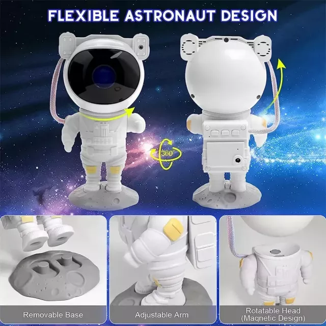 White astronaut toy with adjustable arm and head.