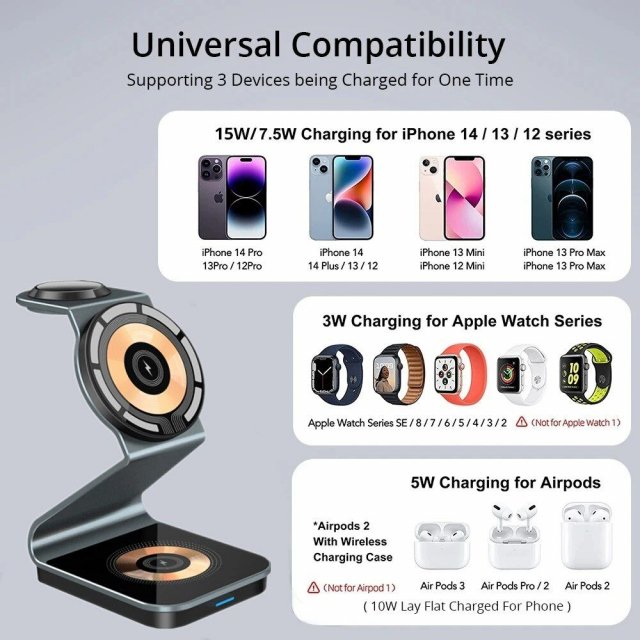 15W 3-in-1 Magnetic Wireless Charger Stand for iPhone, Apple Watch & AirPod