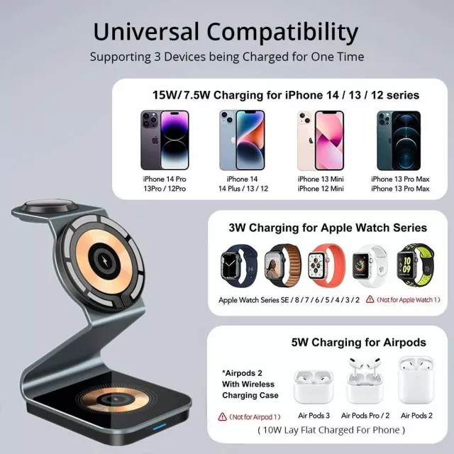 15W 3-in-1 Magnetic Wireless Charger Stand for iPhone, Apple Watch & AirPod - Image 4