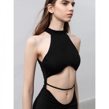 Minimalist Black Halter Neck Maxi Dress with Split Open Leg