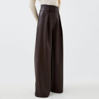 Elegant High-Waist Wide-Leg Black Faux Leather Pants for Women