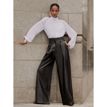 Elegant High-Waist Wide-Leg Black Faux Leather Pants for Women
