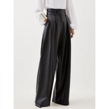 Elegant High-Waist Wide-Leg Black Faux Leather Pants for Women