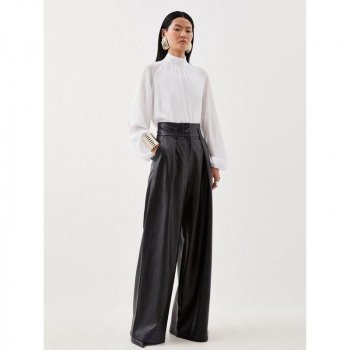 Elegant High-Waist Wide-Leg Black Faux Leather Pants for Women
