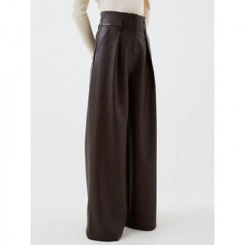 Elegant High-Waist Wide-Leg Black Faux Leather Pants for Women