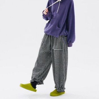 Original Plaid Woolen Lace Wide Leg Pants