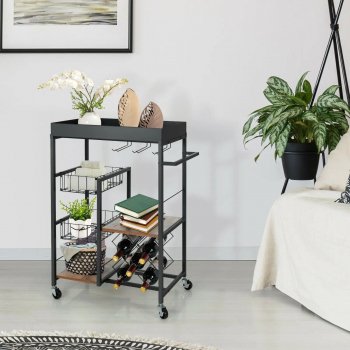 4-Tier Rolling Kitchen Bar Cart with Wine Rack and Removable Tray