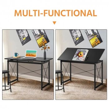 Adjustable Black Drafting Table with Tilt Surface & Sturdy Metal Frame