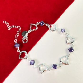 Elegant 925 Sterling Silver Heart & Purple Crystal Zircon Bracelet