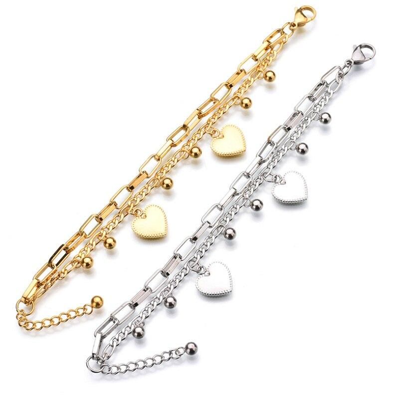 Stainless Steel Bohemian Love Heart Charm Thick Chain Bracelet