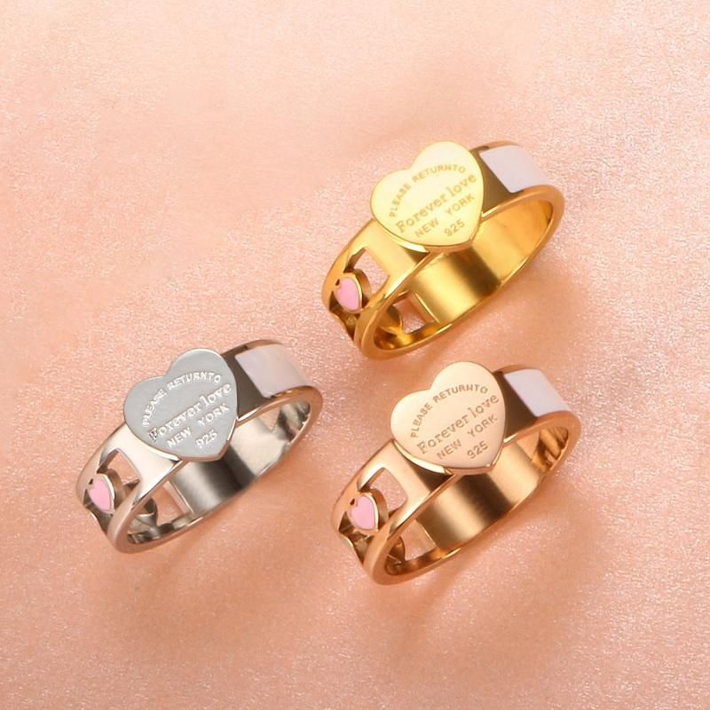 Fashion Hollow Colorful Heart Rings Stainless Steel Big Heart Tag White Shell Ring For Women Girls Female Men Wedding Jewelry