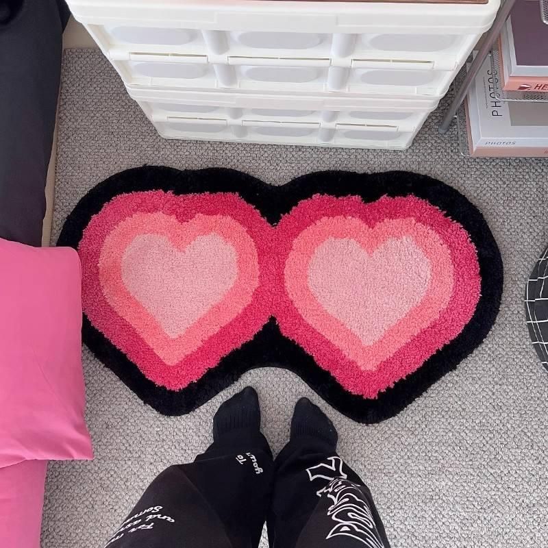 Tufting Black Pink Living Room Carpet Cool Heart Shape Rug Bedroom Bedside Mat Door Floor Anti Slip Pad Aesthetic Home Decor