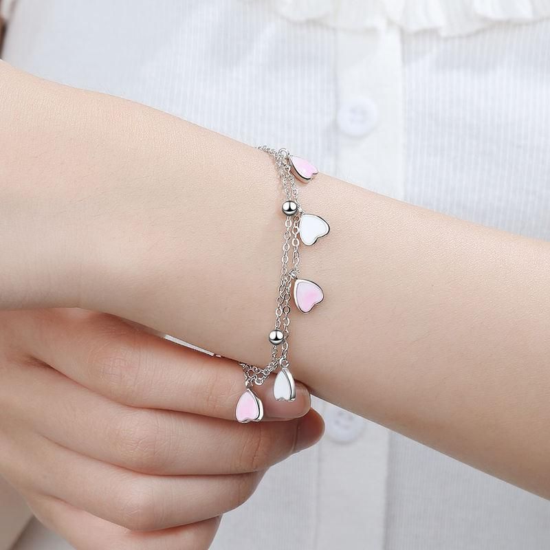 Sweet 925 Sterling Silver Pink Glaze Cherry Blossom Petals Gradient Heart Shaped Double Layer Chain Bracelets S B262